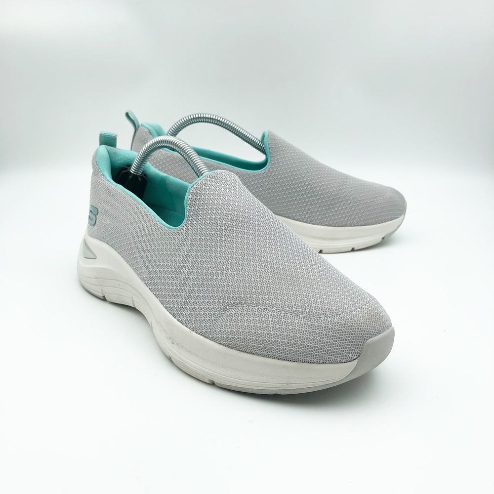 Skechers Shoes Womens 6.5 Arch Comfort Gray Turquoise Slip On Walking Sneakers